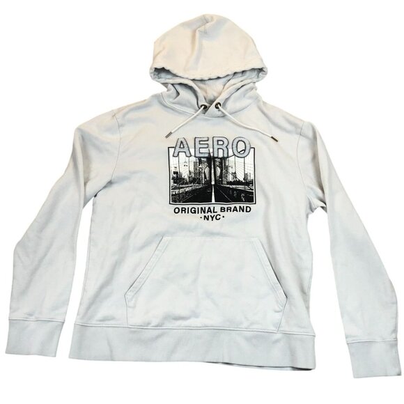 Aeropostale Mens Hoodie Sweatshirt Large Graphic Print Casual White Pullover - Picture 1 of 9